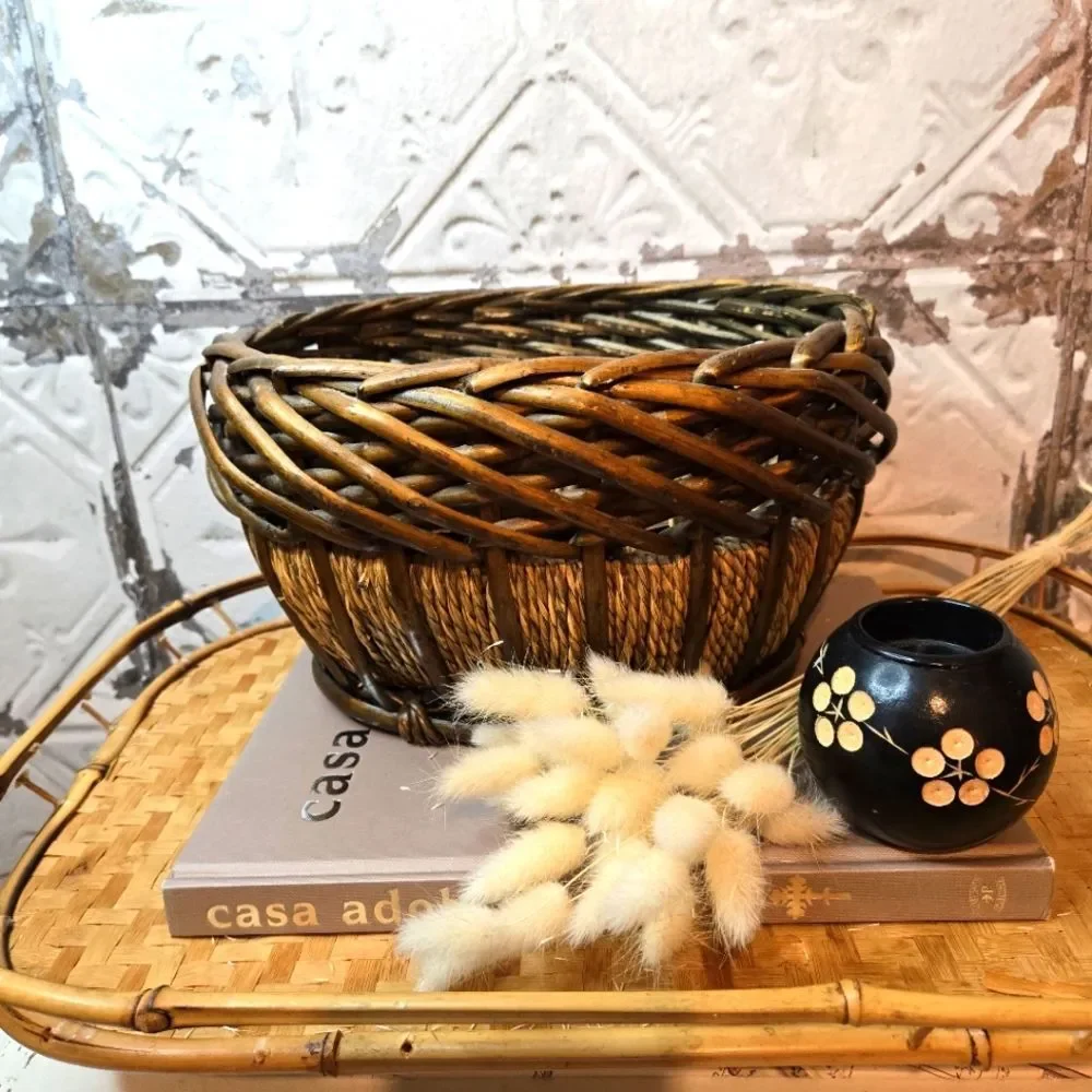 Vintage Oval Hand Woven Basket Natural Bamboo & Rope Storage Basket Rustic